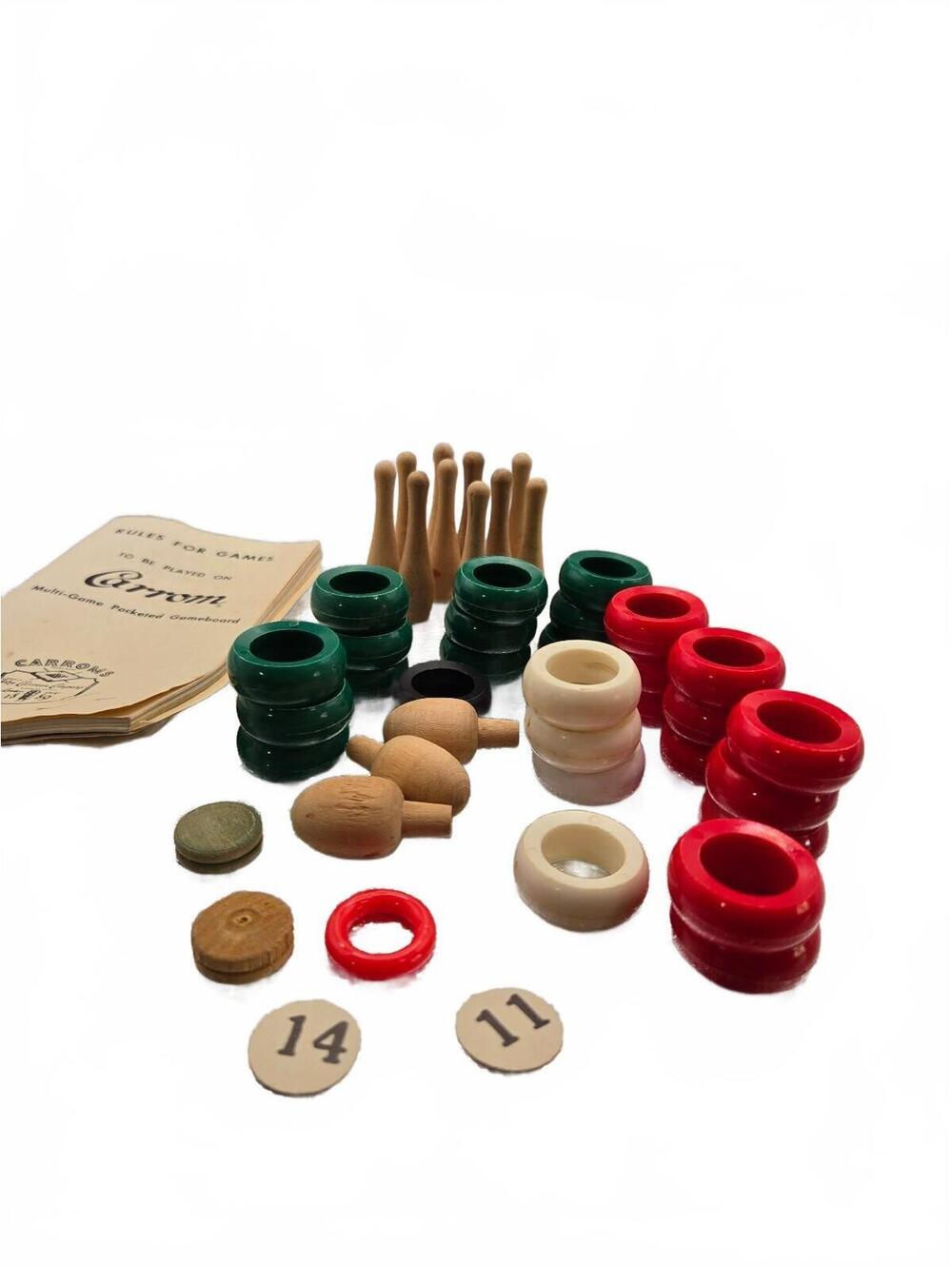 1970s Carrom game pieces with booklet and scorecard